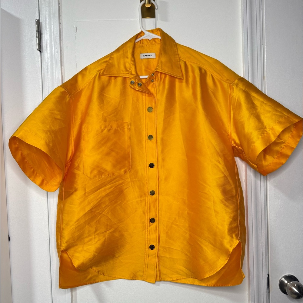 SANDRO oversized snap front camp shirt in yellow, unisex size 0